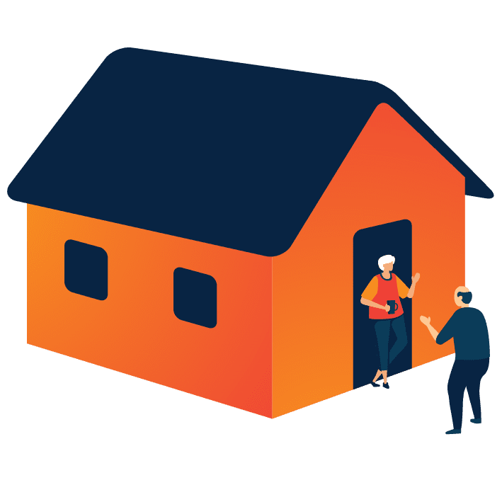 Visuel d'une maison, d'un domicile partagé, depuis laquelle 2 personnes échangent sur le pas de la porte.